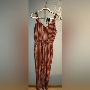 NOBO Burgundy & White Striped jumpsuit- Drawstring waist-sleeveless-Size LG -EUC